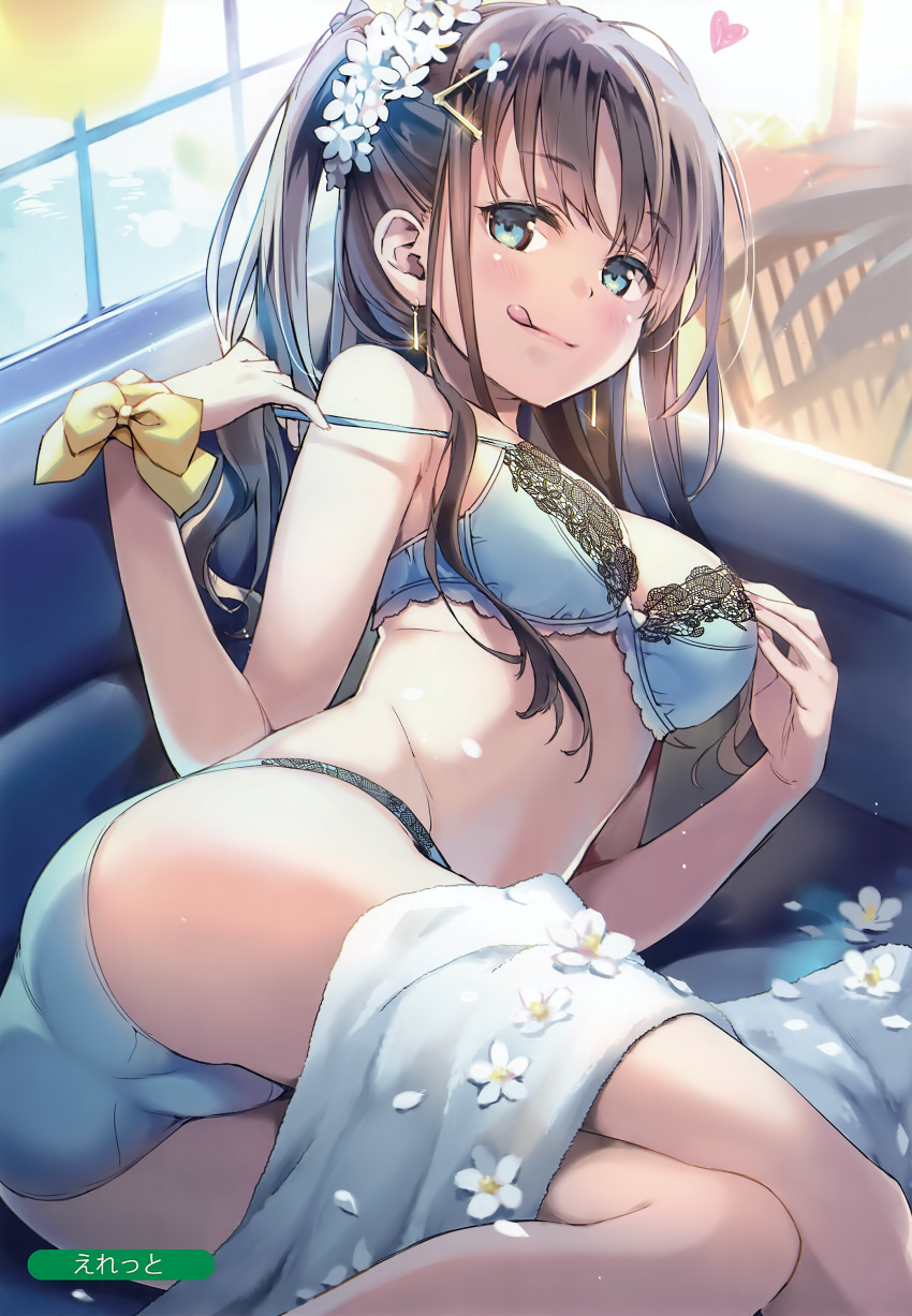 1girl :q absurdres ass blue_bra blue_eyes blue_panties bra breasts brown_hair earrings eretto eyebrows_visible_through_hair flower glint hair_flower hair_ornament hairclip highres indoors jewelry long_hair lying medium_breasts melonbooks on_side one_side_up panties petals ribbon scan sidelocks solo strap_slip tongue tongue_out underwear underwear_only wrist_ribbon
