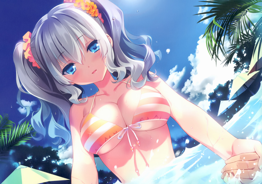 1girl absurdres beach beach_umbrella bikini blue_eyes blush breasts carnelian clouds collarbone day dutch_angle hair_between_eyes highres kantai_collection kashima_(kantai_collection) large_breasts long_hair looking_at_viewer orange_bikini palm_tree parted_lips scan scrunchie silver_hair solo sparkle striped striped_bikini sunlight swimsuit tree twintails umbrella upper_body wading wavy_hair