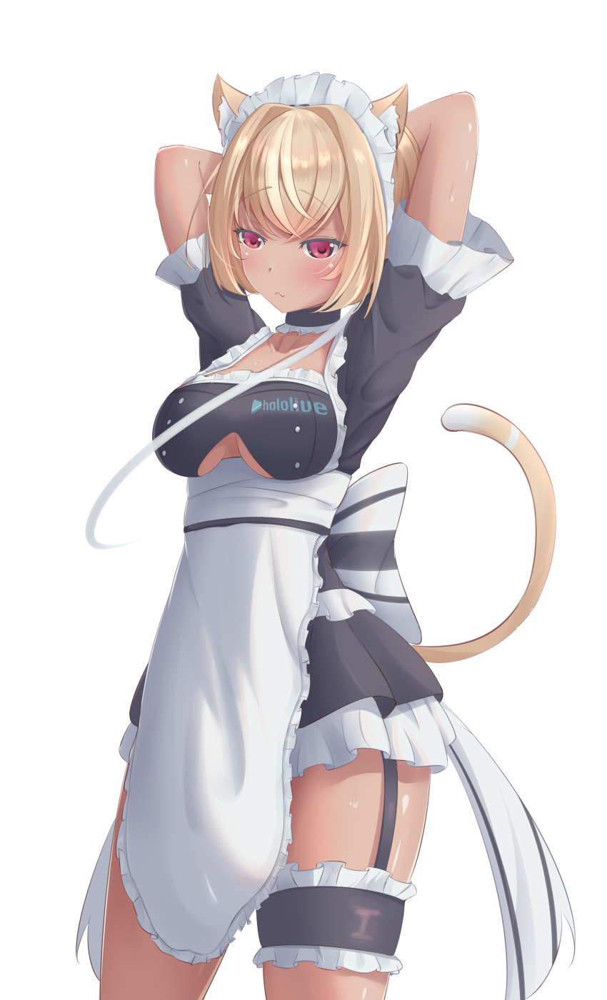 1girl absurdres animal_ears apron arms_behind_head bangs black_choker black_dress blonde_hair blush breasts cat_ears cat_girl cat_tail choker closed_mouth clothes_writing copyright_name dark_skin dress elf eyebrows_visible_through_hair frills garter_straps high_ponytail highres hololive large_breasts leg_garter long_hair looking_at_viewer maid maid_headdress pointy_ears ponytail red_eyes shiranui_flare short_sleeves simple_background solo sweat tail tr24 under_boob underboob_cutout underbust virtual_youtuber white_apron white_background