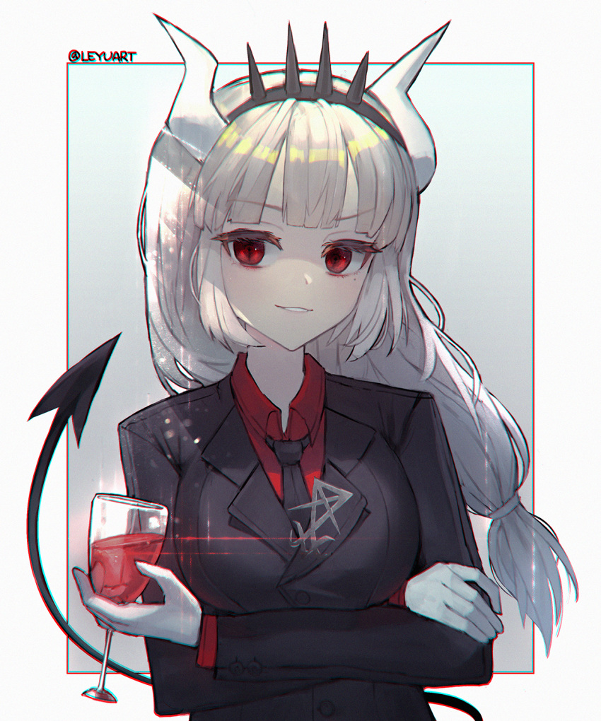 1girl bangs blunt_bangs border breasts crossed_arms cup demon_horns demon_tail drinking_glass eyebrows_visible_through_hair helltaker highres horns large_breasts leyu long_hair looking_at_viewer lucifer_(helltaker) mole mole_under_eye necktie outside_border red_eyes red_shirt shirt simple_background smile tail twitter_username white_border white_hair white_horns wine_glass