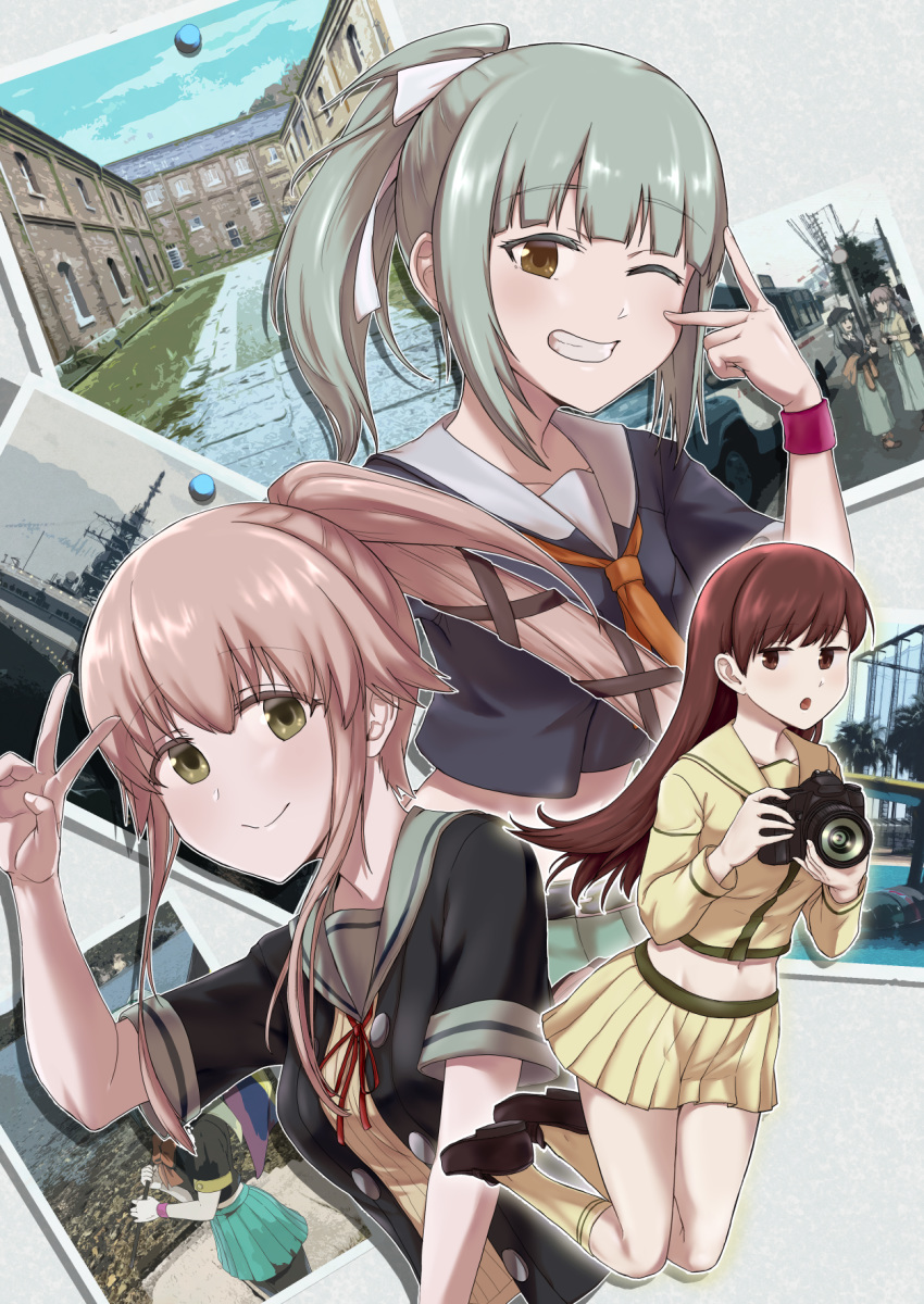 3girls bangs breasts brown_eyes brown_hair camera eyebrows_visible_through_hair green_eyes green_hair grey_hair grin hair_flaps hair_ribbon highres holding holding_camera kantai_collection long_hair long_sleeves makamu multiple_girls one_eye_closed ooi_(kantai_collection) open_mouth photo_(object) pleated_skirt ponytail remodel_(kantai_collection) ribbon sailor_collar school_uniform serafuku ship short_sleeves sidelocks skirt smile v watercraft yura_(kantai_collection) yuubari_(kantai_collection)