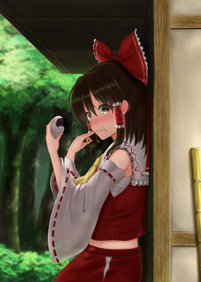 1girl absurdres against_wall arms_up bamboo_broom baozi black_hair blurry blurry_background blush broom brown_eyes commentary_request day detached_sleeves food food_on_face forest hair_ribbon hair_tubes hakurei_reimu hand_on_own_face highres hip_vent holding holding_food looking_at_viewer luke_(kyeftss) midriff nature navel outdoors red_skirt red_vest ribbon ribbon-trimmed_sleeves ribbon_trim sarashi sidelocks sideways_glance skirt solo standing sweatdrop touhou upper_body vest