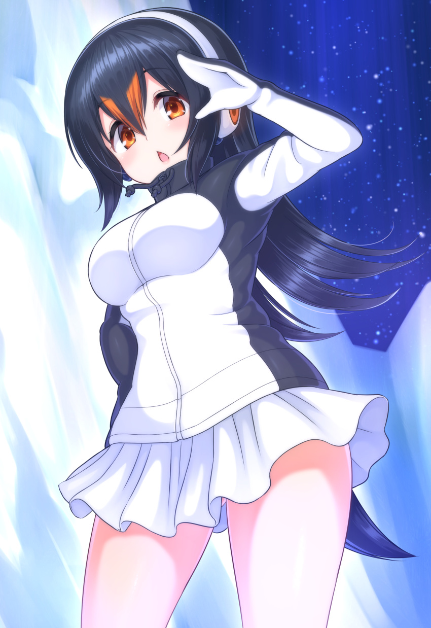 1girl absurdres arm_up black_hair blush breasts chestnut_mouth eyebrows_visible_through_hair gentoo_penguin_(kemono_friends) hair_between_eyes headphones highres kemono_friends kemono_friends_3 large_breasts long_hair looking_at_viewer multicolored_hair orange_eyes orange_hair parted_lips skirt solo two-tone_hair watayoshi_(suiiho) white_skirt