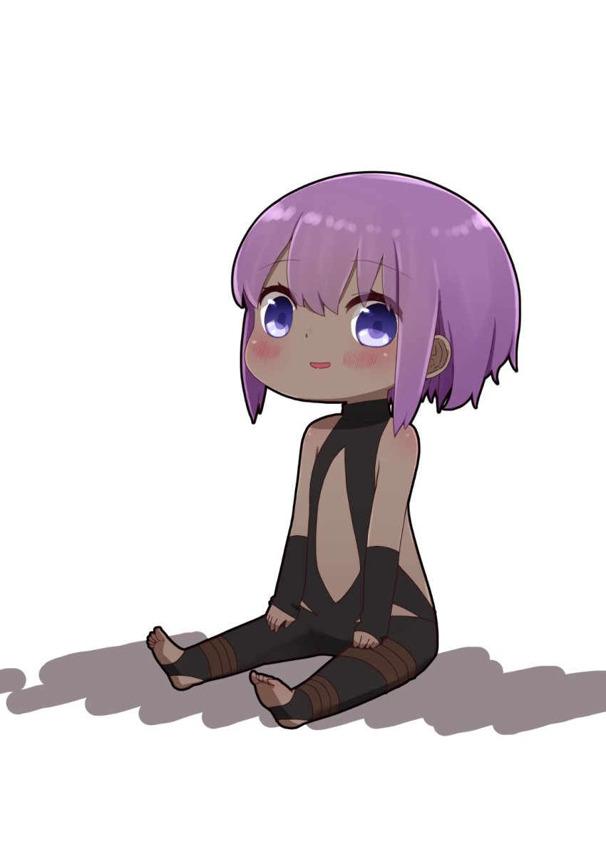 1girl bangs bare_shoulders black_bodysuit blush bodysuit chibi dark_skin eyebrows_visible_through_hair fate/prototype fate/prototype:_fragments_of_blue_and_silver fate_(series) full_body hair_between_eyes hassan_of_serenity_(fate) highres i.u.y looking_at_viewer no_shoes parted_lips purple_hair shadow sidelocks sitting smile soles solo stirrup_legwear toeless_legwear violet_eyes white_background