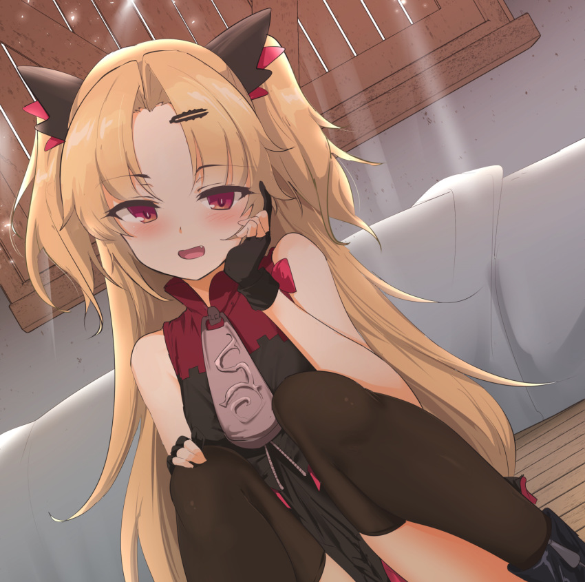 1girl :d akatsuki_uni bangs bare_arms bare_shoulders black_dress black_gloves black_legwear blonde_hair blush commentary_request dress dutch_angle fang gloves hair_ornament hairclip hand_up highres indoors knees_up long_hair looking_at_viewer momio open_mouth parted_bangs partly_fingerless_gloves red_eyes sitting sleeveless sleeveless_dress smile solo thigh-highs two_side_up uni_channel very_long_hair wooden_floor zipper_pull_tab