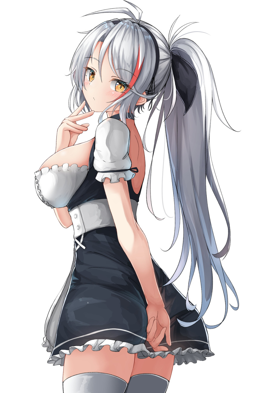 1girl absurdres antenna_hair azur_lane bangs black_dress blush breasts brown_eyes closed_mouth commentary_request covering covering_ass dress eyebrows_visible_through_hair frilled_dress frills hair_between_eyes hand_up highres large_breasts long_hair looking_at_viewer looking_to_the_side moyoron multicolored_hair parted_bangs ponytail prinz_eugen_(azur_lane) puffy_short_sleeves puffy_sleeves redhead short_sleeves simple_background solo streaked_hair thigh-highs very_long_hair white_background white_hair white_legwear