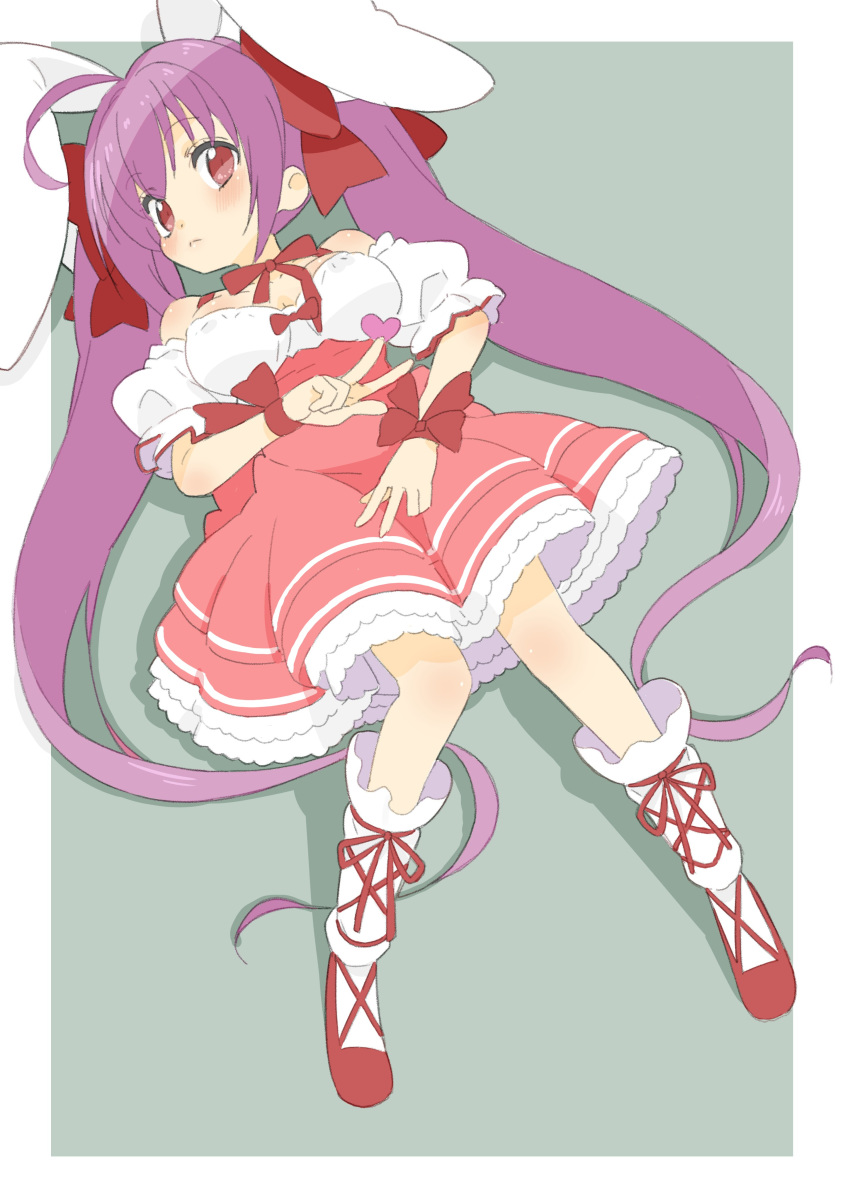 1girl absurdres ahoge animal_ears blush border closed_mouth copyright_request donguri_suzume dress from_above green_background highres long_hair looking_at_viewer lying neck_ribbon on_back purple_hair rabbit_ears red_dress red_eyes red_footwear red_neckwear red_ribbon ribbon shoes simple_background solo twintails v very_long_hair white_border wrist_bow