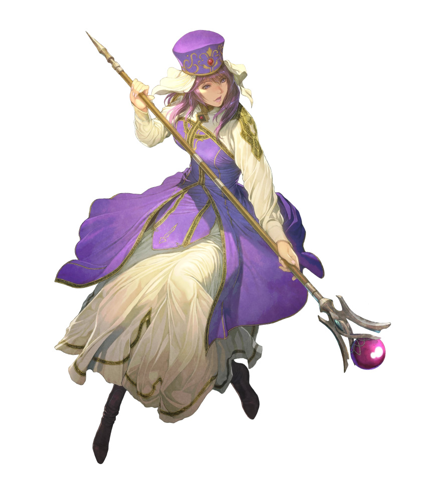 1girl bangs dress eremiya fire_emblem fire_emblem:_mystery_of_the_emblem fire_emblem_heroes full_body hat highres holding homare_(fool's_art) lips long_hair long_sleeves official_art open_mouth purple_hair shiny shiny_hair smile solo staff transparent_background violet_eyes