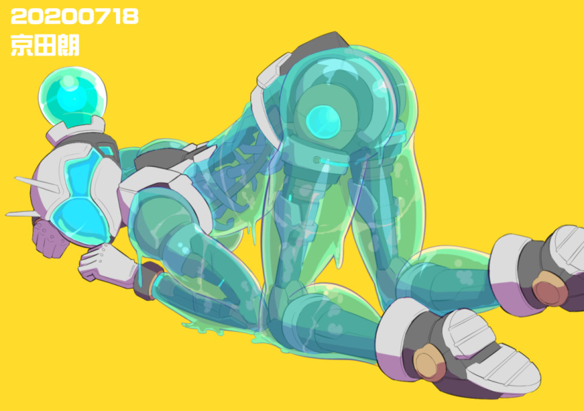 1girl android ass kyoutasab mecha mechanical_parts no_humans original robot see-through simple_background slime top-down_bottom-up