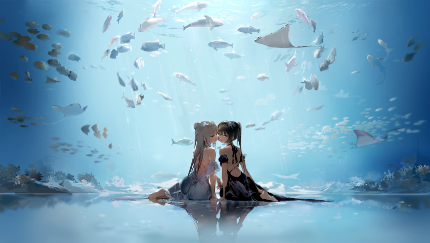 2girls absurdres animal anmi aquarium backless_dress backless_outfit bare_back bare_shoulders barefoot black_dress black_eyes black_hair blue_eyes commentary_request coral detached_sleeves dress fish full_body grey_dress hair_bun highres long_hair looking_at_viewer looking_back manta_ray multiple_girls on_floor original parted_lips ponytail reflective_floor short_sleeves silver_hair very_long_hair water yolk