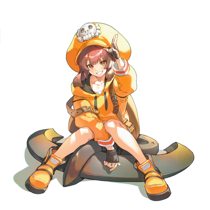 1girl absurdres anchor bag bangs black_gloves blush boots brown_eyes brown_hair fingerless_gloves full_body gloves grin guilty_gear hair_between_eyes hat highres long_hair looking_at_viewer may_(guilty_gear) orange_footwear orange_headwear orange_shirt pg_(lhotseshar) pirate pirate_hat shirt simple_background sitting skull_and_crossbones smile solo waving white_background