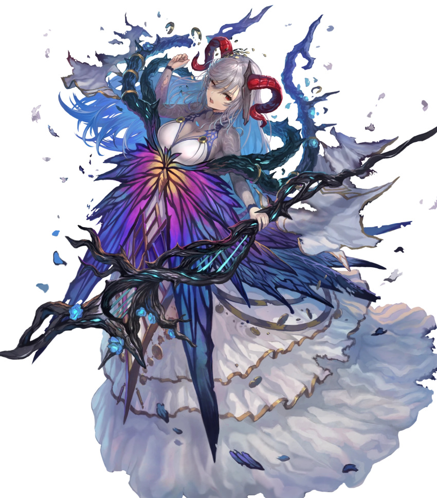 1girl bangs bare_shoulders blue_flower blue_hair blue_rose breasts dress fire_emblem fire_emblem_heroes flower freyja_(fire_emblem) full_body hair_ornament highres holding horns large_breasts layered_dress layered_skirt long_hair long_sleeves multicolored_hair official_art red_eyes rose silver_hair skirt solo staff thorns transparent_background turtleneck yoshiku_(oden-usagi)