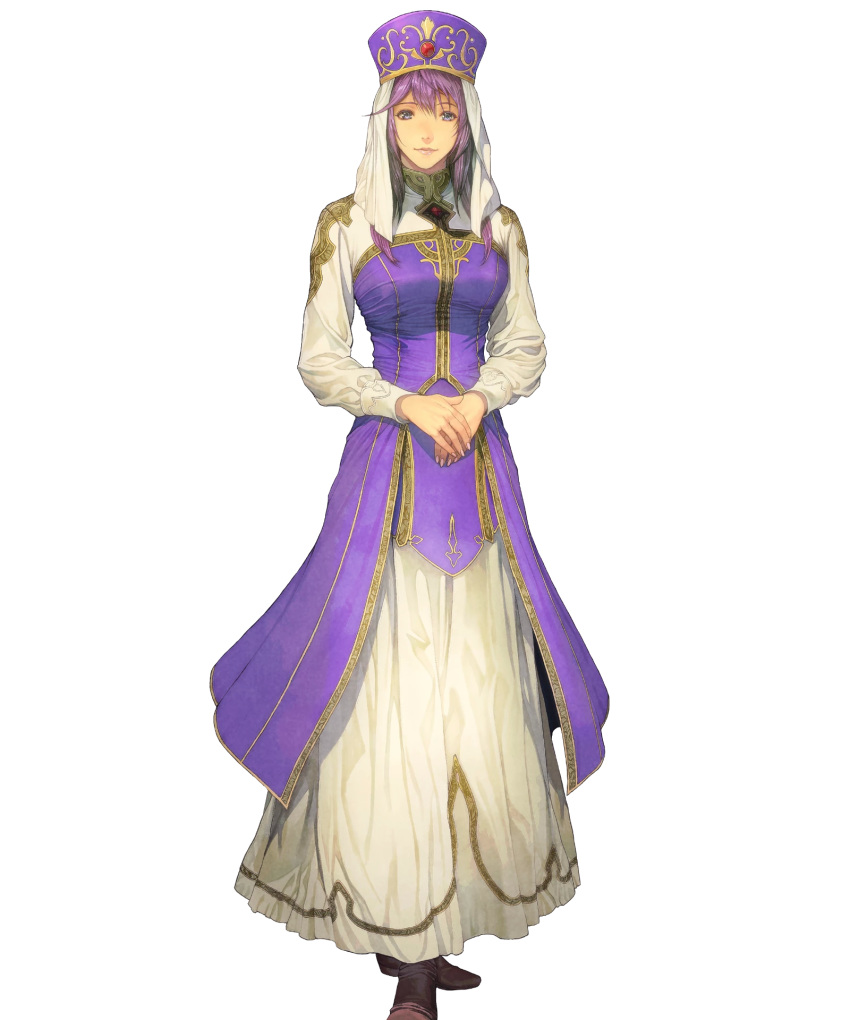 1girl bangs breasts closed_mouth dress eremiya eyebrows_visible_through_hair fingernails fire_emblem fire_emblem:_mystery_of_the_emblem fire_emblem_heroes full_body hands_together hat highres homare_(fool's_art) lips looking_at_viewer medium_breasts official_art purple_hair smile solo standing transparent_background violet_eyes