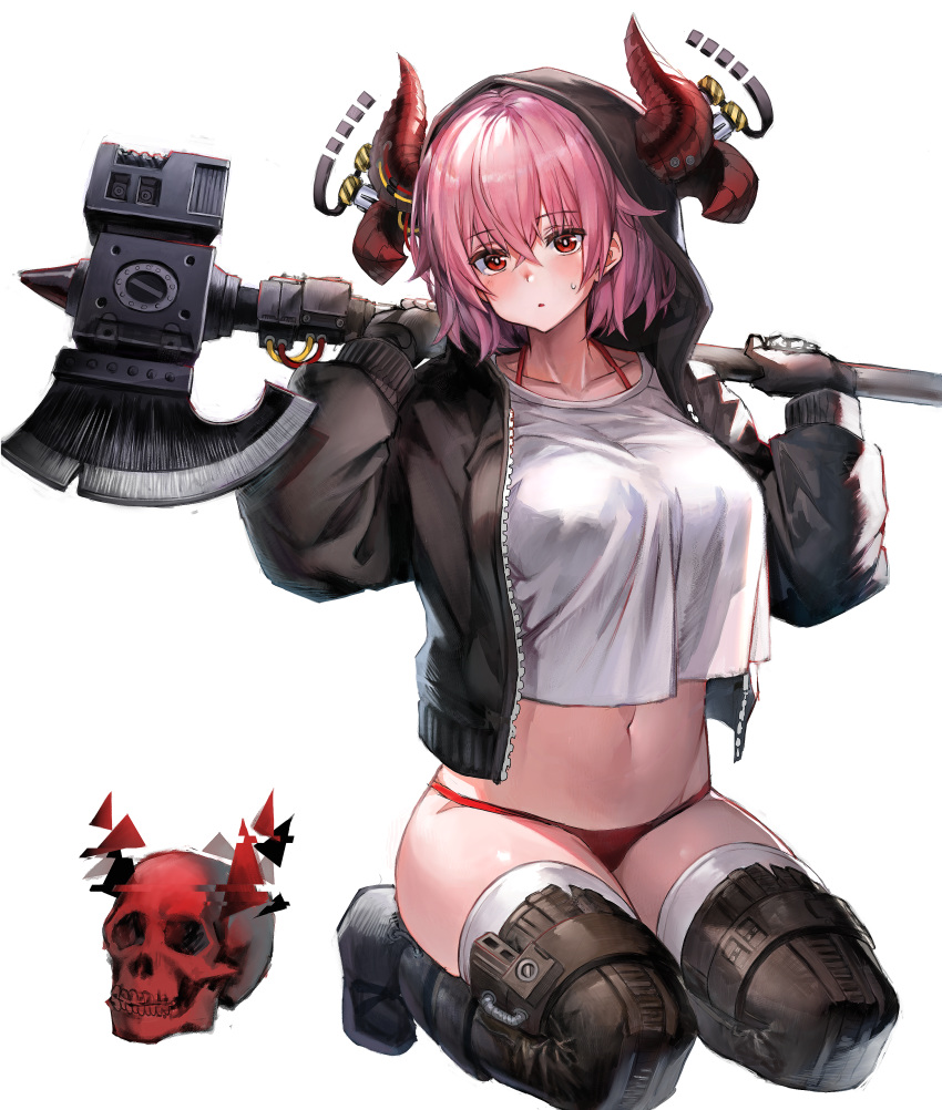 1girl 666_(ro_ro_ro3) absurdres axe bangs battle_axe bikini bikini_bottom bikini_under_clothes black_footwear black_gloves black_jacket blush boots bra_strap breasts brown_legwear collarbone crop_top crop_top_overhang demon_horns eyebrows_visible_through_hair gloves groin hair_between_eyes halterneck hands_up highres holding holding_axe holding_weapon hood hooded_jacket horns huge_filesize jacket large_breasts long_sleeves looking_at_viewer navel no_pants open_clothes open_jacket original over_shoulder parted_lips pink_hair red_bikini red_eyes red_horns shirt short_hair simple_background sitting skindentation skull solo stomach sweatdrop swimsuit thigh-highs thigh_boots thighs underwear weapon weapon_over_shoulder white_background white_legwear white_shirt
