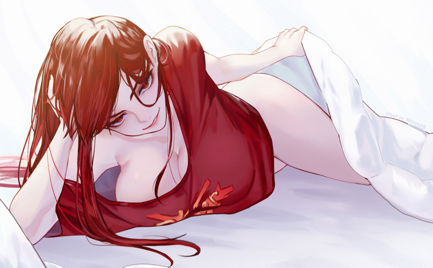 1girl blanket breasts commentary_request elbow_rest fate/grand_order fate_(series) hand_on_head large_breasts lifting lifting_covers long_hair looking_at_viewer lying marchab_66 no_bra no_pants oda_nobunaga_(fate)_(all) oda_nobunaga_(maou_avenger)_(fate) on_side pillow red_eyes redhead shirt smile solo t-shirt upper_body