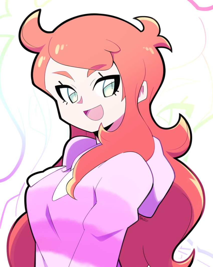 1girl :d ahoge artsy-rc green_eyes hair_down highres hood hood_down looking_at_viewer open_mouth pink_hoodie pokemon pokemon_(game) pokemon_swsh redhead signature slit_pupils smile solo sonia_(pokemon) upper_body