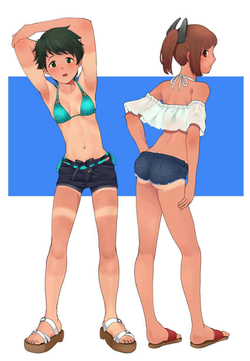 2girls alternate_costume ass bikini black_hair black_shorts blue_bikini blue_shorts brown_eyes brown_hair casual commentary_request crop_top cutoffs denim denim_shorts full_body green_eyes highres i-401_(kantai_collection) kantai_collection looking_at_viewer mogami_(kantai_collection) multiple_girls off-shoulder_shirt off_shoulder sandals shirt short_hair short_shorts shorts side-tie_bikini standing stretch swimsuit swimsuit_under_clothes tan tanline tooku_nomura_(artist) white_shirt