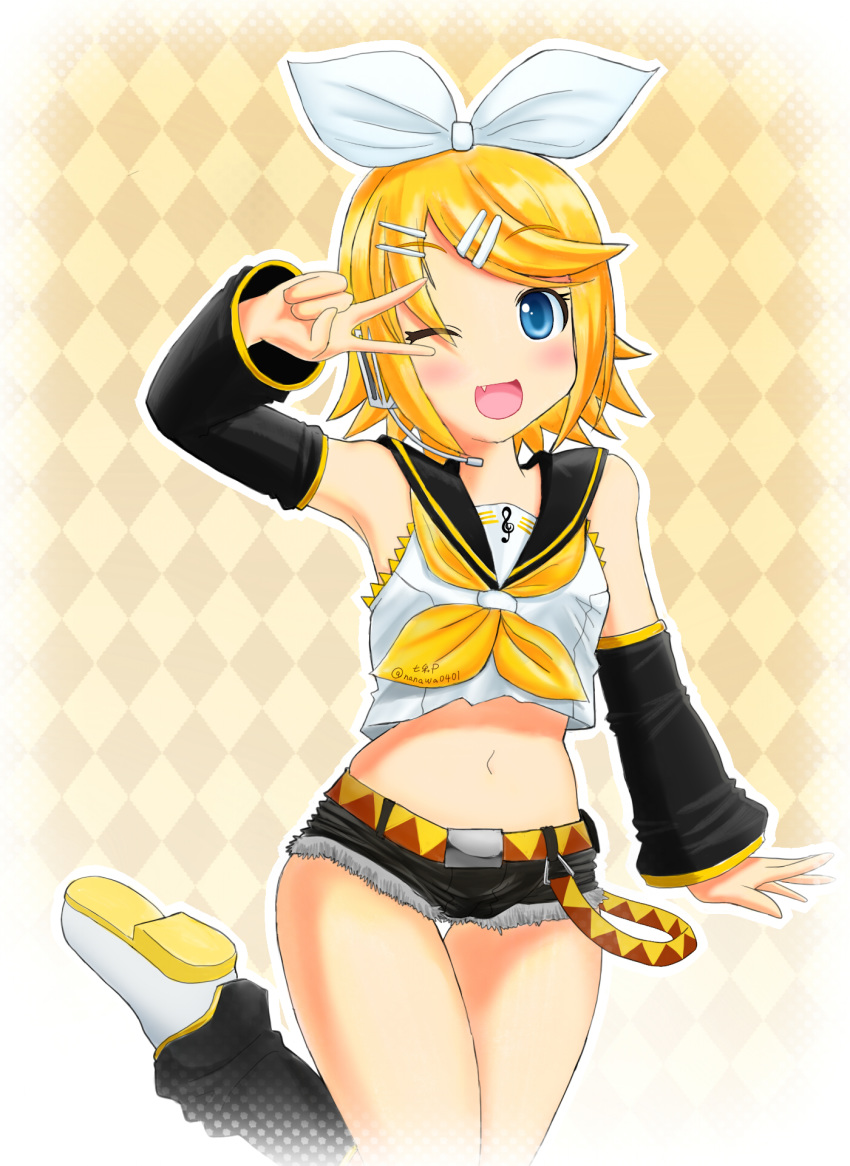 1girl ;d argyle argyle_background armpits bangs bare_shoulders black_shorts black_sleeves blonde_hair blue_eyes blush bow brown_background commentary_request cowboy_shot crop_top cutoffs detached_sleeves eyebrows_visible_through_hair fang hair_bow hair_ornament hairclip hand_up headset highres kagamine_rin kazu-chan leg_warmers looking_at_viewer micro_shorts midriff navel neckerchief one_eye_closed open_mouth sailor_collar shirt shoes short_hair shorts sidelocks signature sleeveless sleeveless_shirt smile solo standing standing_on_one_leg thigh_gap treble_clef twitter_username v_over_eye vocaloid white_footwear yellow_belt yellow_neckwear