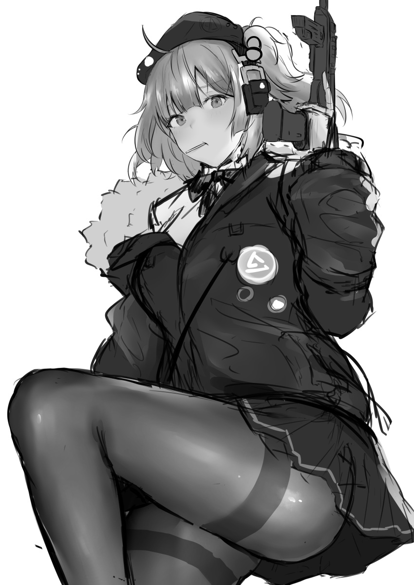 1girl absurdres ahoge beret breasts girls_frontline gun h&amp;k_mp7 hat highres jacket medium_breasts monochrome mp7_(girls_frontline) off_shoulder pantyhose shimadazengi sketch skirt solo submachine_gun thighband_pantyhose weapon