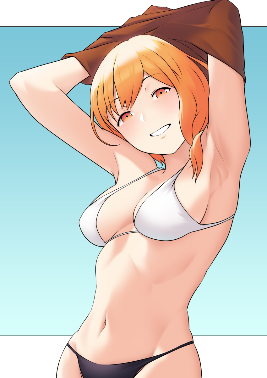 1girl absurdres armpits arms_up bikini fire_emblem fire_emblem:_three_houses highres leonie_pinelli midriff navel simple_background smile solo swimsuit