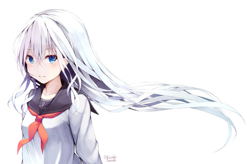 1girl anchor_symbol black_sailor_collar blue_eyes blush breasts closed_mouth collarbone commentary_request floating_hair hamayuu_(litore) hibiki_(kantai_collection) highres kantai_collection long_hair looking_at_viewer neckerchief red_neckwear sailor_collar shirt silver_hair simple_background small_breasts smile solo twitter_username upper_body very_long_hair white_background white_shirt
