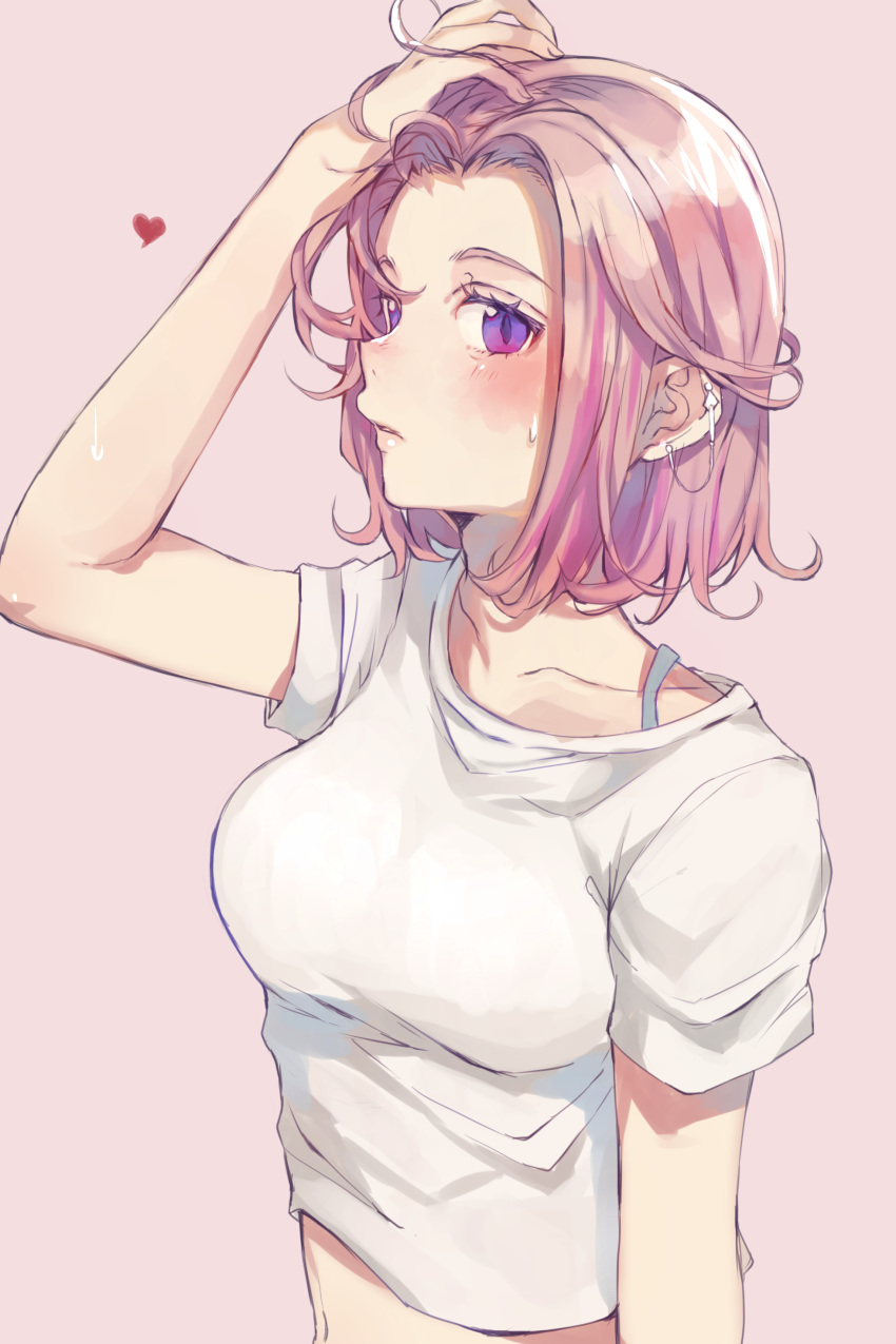 1girl absurdres arm_up bangs blush breasts brown_background collarbone crop_top ear_piercing forehead hand_in_hair heart heremia highres looking_at_viewer medium_breasts original parted_bangs parted_lips piercing pink_hair shirt short_sleeves simple_background solo sweat upper_body violet_eyes white_shirt