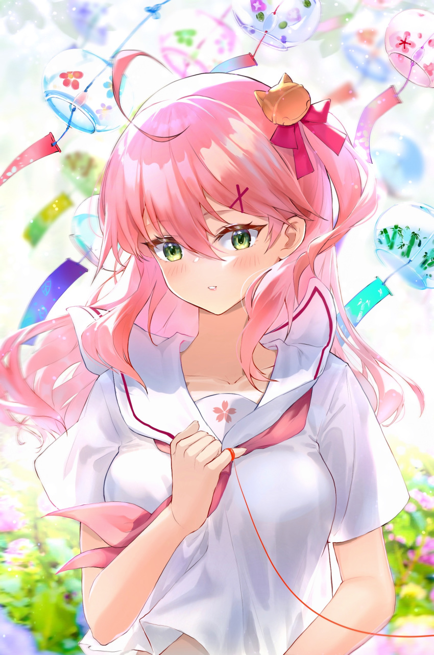 1girl absurdres ahoge alternate_costume blush cherry_blossom_print floral_print green_eyes hair_between_eyes hair_ornament hair_over_shoulder hairclip highres hololive lims_(neko2lims) long_hair pink_hair sailor_collar sakura_miko school_uniform upper_body virtual_youtuber wind_chime x_hair_ornament