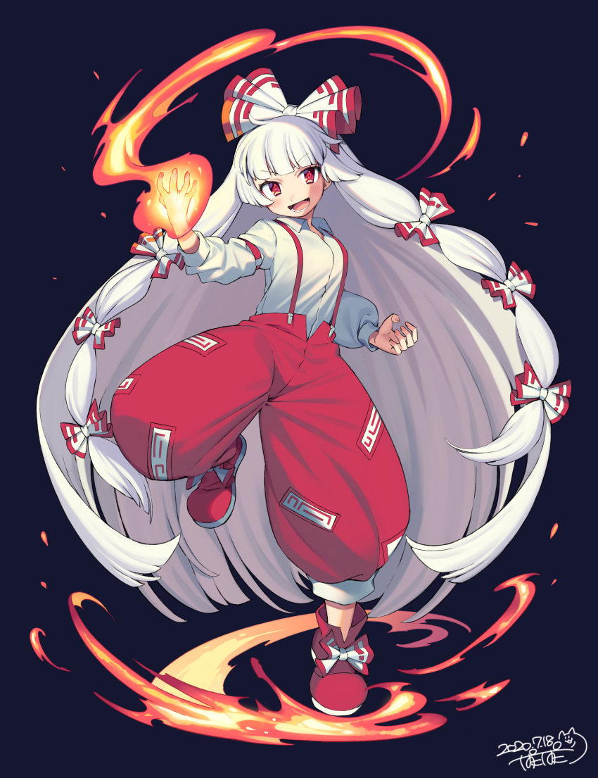 1girl baggy_pants bangs black_background blunt_bangs bow commentary_request commission dated fire fujiwara_no_mokou full_body hair_bow hand_up highres hime_cut iroyopon long_hair long_sleeves looking_at_viewer ofuda_on_clothes open_mouth pants red_bow red_eyes red_footwear red_pants shirt shoes signature simple_background smile solo standing standing_on_one_leg suspenders touhou very_long_hair white_hair white_shirt