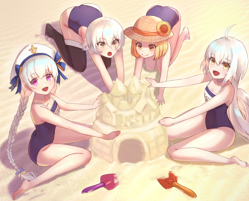 4girls bangs bare_shoulders blonde_hair blue_swimsuit blush breasts collarbone dolce_(dolsuke) facial_scar fate/apocrypha fate/extra fate/grand_order fate_(series) green_eyes highres jack_the_ripper_(fate/apocrypha) jeanne_d'arc_(fate)_(all) jeanne_d'arc_alter_santa_lily long_hair looking_at_viewer multiple_girls nursery_rhyme_(fate/extra) one-piece_swimsuit open_mouth orange_eyes paul_bunyan_(fate/grand_order) sand sand_castle sand_sculpture scar scar_across_eye scar_on_cheek school_swimsuit short_hair silver_hair sitting small_breasts smile swimsuit violet_eyes wariza white_hair yellow_eyes