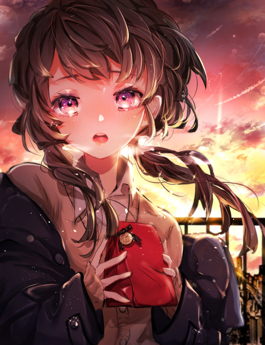 1girl absurdres bangs beni_ttt black_jacket black_ribbon blush brown_hair brown_jacket clouds cloudy_sky collared_shirt commentary_request evening gift hair_ribbon heart highres holding holding_gift jacket long_hair looking_at_viewer open_mouth original outdoors pink_eyes red_sky ribbon shirt sky sleeves_past_wrists solo sunset twilight upper_teeth valentine white_shirt