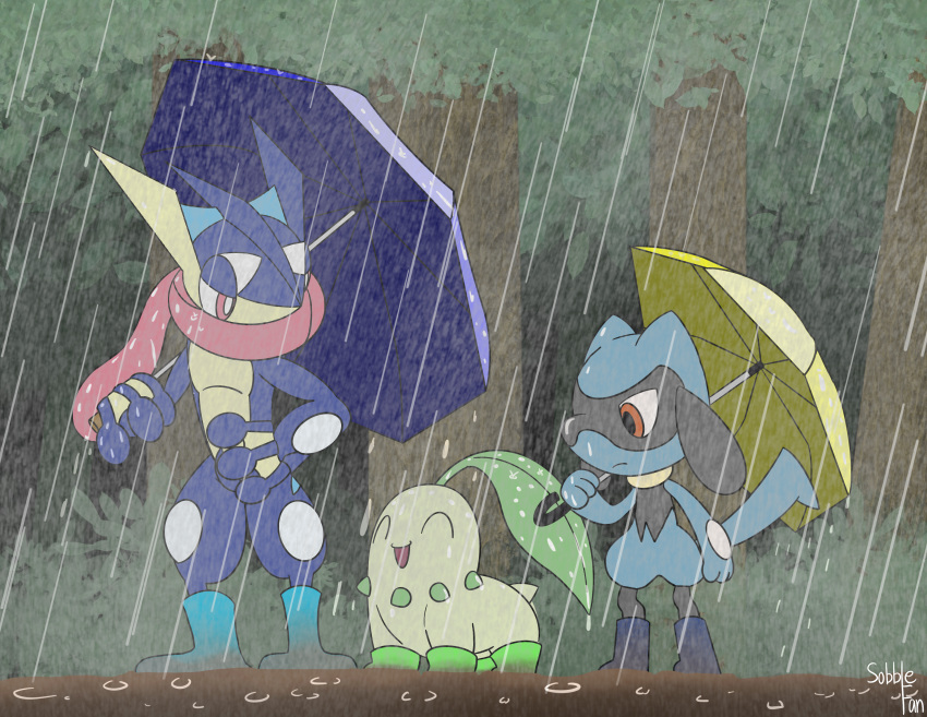 absurdres blue_footwear blue_umbrella boots chikorita commentary forest gen_2_pokemon gen_4_pokemon gen_6_pokemon green_footwear greninja highres huge_filesize mud nature no_humans pokemon pokemon_(creature) rain riolu rubber_boots sobblefan umbrella water_drop wellington yellow_umbrella