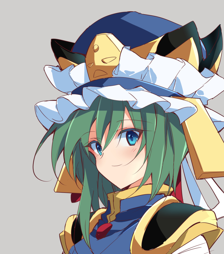 1girl asymmetrical_hair blue_eyes blue_headwear closed_mouth epaulettes frilled_hat frills green_hair grey_background hat highres ichimura_kanata looking_at_viewer one-hour_drawing_challenge shiki_eiki short_hair simple_background smile solo touhou upper_body