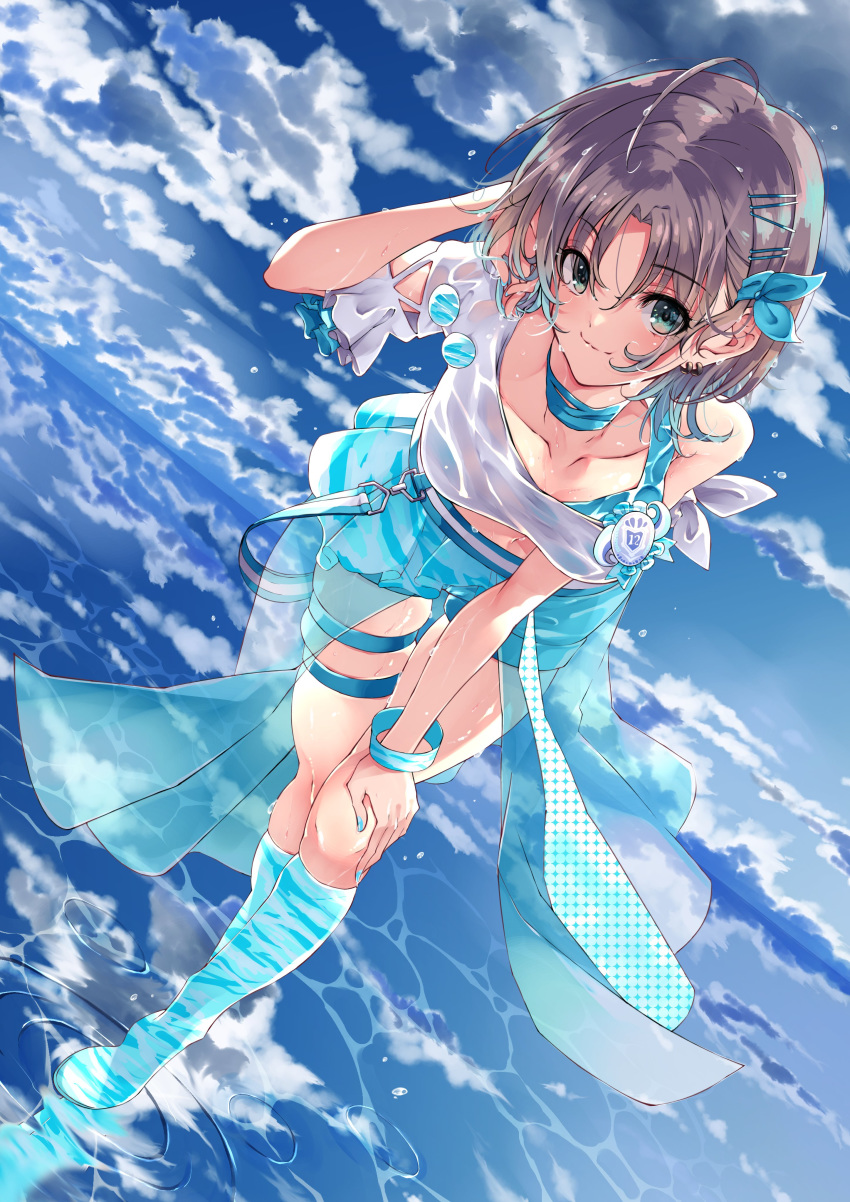 1girl absurdres ahoge asakura_tooru bent_over blue_eyes blue_hair blue_nails blue_sky boots bracelet brown_hair clouds collarbone commentary_request dutch_angle earrings gradient_hair hair_ornament hairclip highres idolmaster idolmaster_shiny_colors jewelry knee_boots looking_at_viewer multicolored_hair nail_polish puni_(punycolors) short_hair short_shorts shorts single_bare_shoulder skindentation sky solo thigh_strap wet