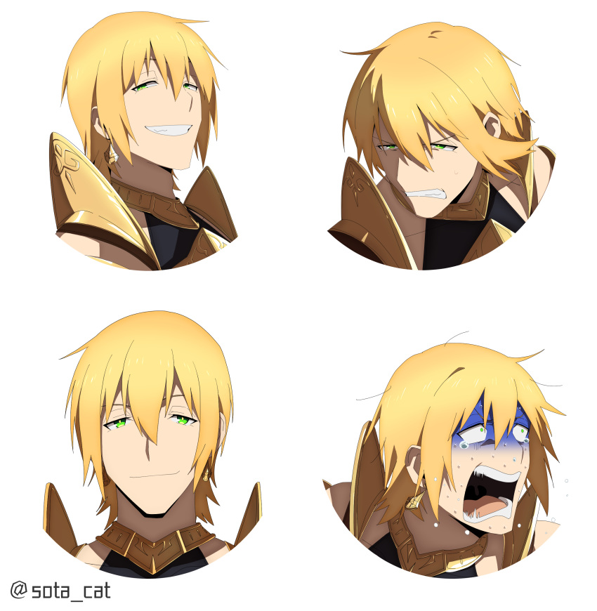 1boy absurdres anime_coloring blonde_hair clenched_teeth earrings expressions fate/grand_order fate_(series) green_eyes grin highres jason_(fate/grand_order) jewelry male_focus official_style scared smile smug sota_cat sweat sweating_profusely tears teeth turn_pale