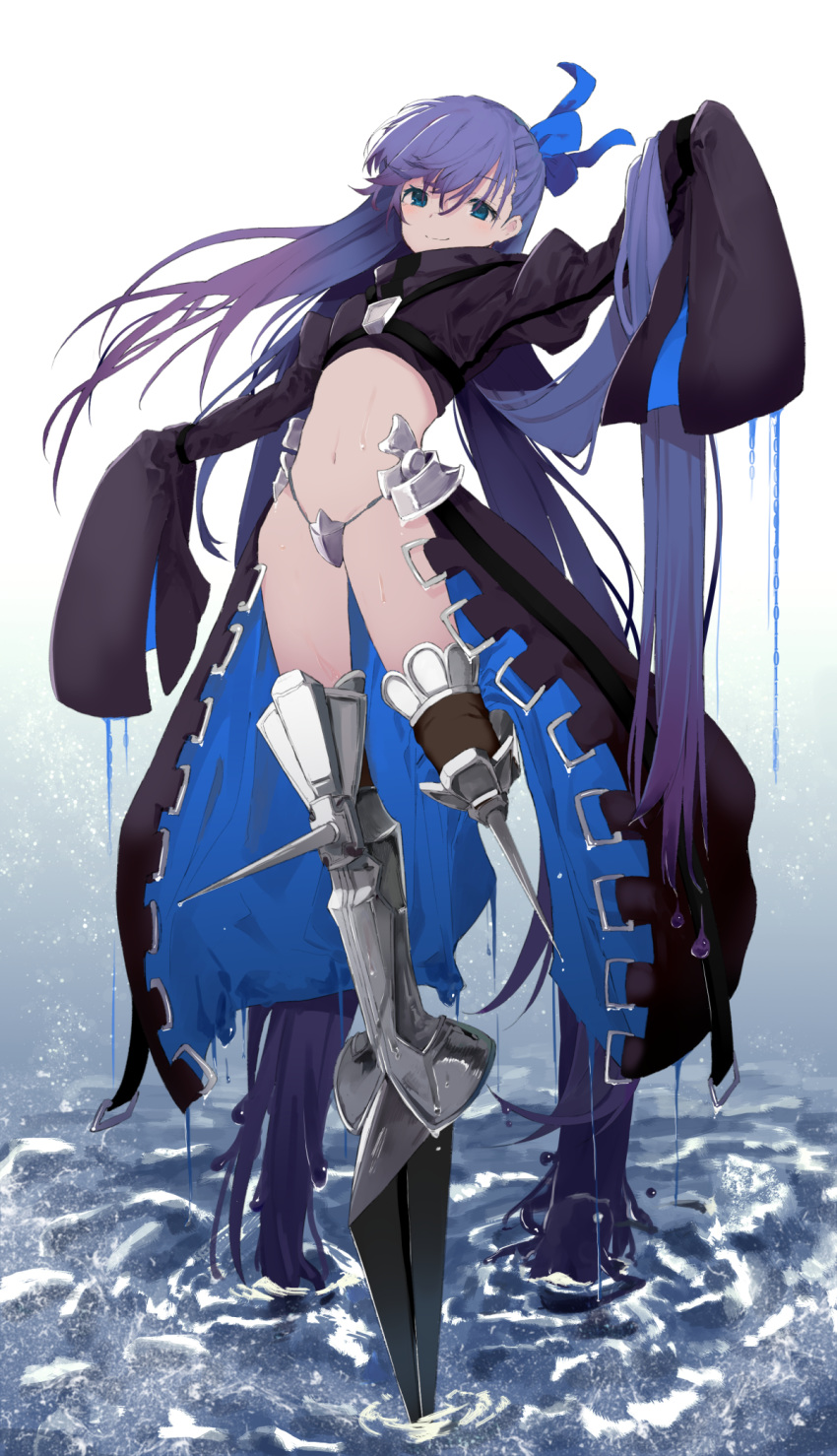 1girl absurdly_long_hair bangs black_jacket blue_bow blue_eyes blue_hair bow closed_mouth commentary_request crotch_plate eyebrows_visible_through_hair fate/extra fate/extra_ccc fate_(series) gradient gradient_background gradient_hair grey_background hair_between_eyes hair_bow highres jacket juliet_sleeves long_hair long_sleeves looking_at_viewer meltryllis mieharu multicolored_hair navel puffy_sleeves purple_hair ripples sleeves_past_fingers sleeves_past_wrists smile solo spikes standing standing_on_one_leg very_long_hair water wet white_background