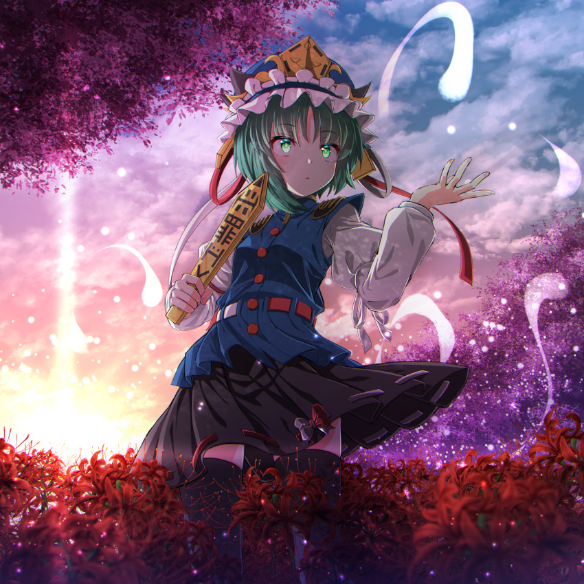 1girl :o absurdres arm_ribbon arm_up bangs belt black_legwear black_skirt blue_vest bright_pupils clouds diffraction_spikes epaulettes eyebrows_visible_through_hair feet_out_of_frame flower gradient_sky green_eyes green_hair hat hat_ribbon highres hitodama holding_rod huge_filesize juliet_sleeves kakutasu_(akihiron_cactus) leaning_back long_sleeves looking_to_the_side puffy_sleeves ribbon ribbon-trimmed_skirt ribbon_trim rod_of_remorse shiki_eiki shirt short_hair skirt sky solo spider_lily standing sunset thigh-highs touhou twilight vest white_shirt wind wind_lift