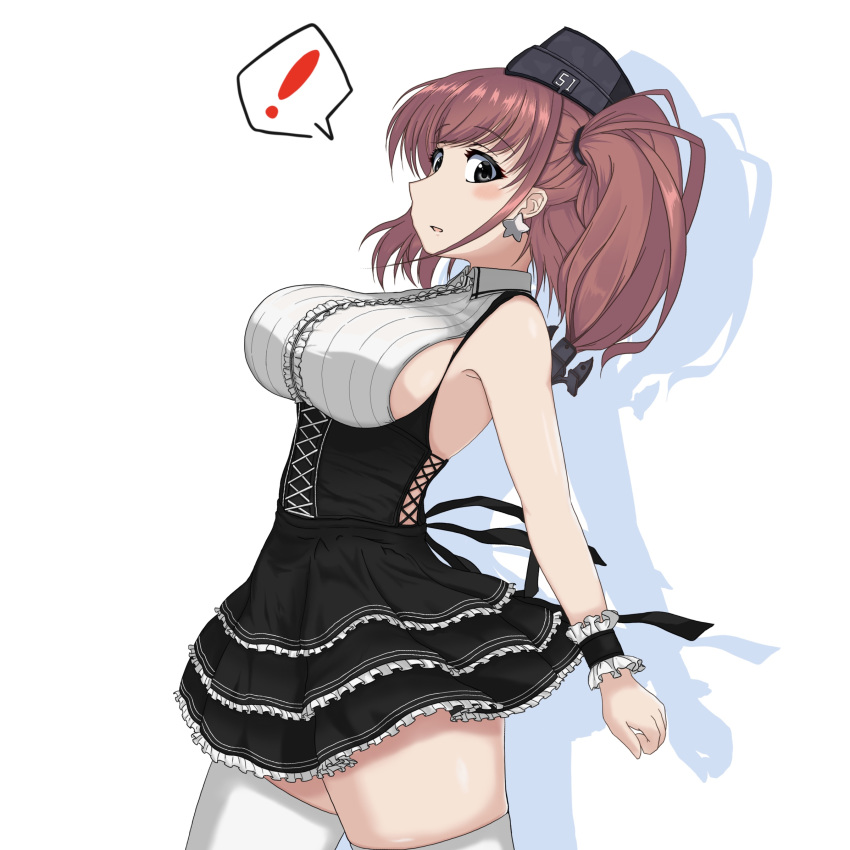! 1girl adapted_costume anchor_hair_ornament arched_back atlanta_(kantai_collection) black_dress black_headwear breasts brown_hair commentary_request cowboy_shot dress earrings frilled_dress frills garrison_cap grey_eyes hair_ornament hat highres jewelry kantai_collection kinakomochi_(testament05) large_breasts long_hair shirt simple_background skirt sleeveless sleeveless_shirt solo spoken_exclamation_mark star_(symbol) star_earrings striped striped_skirt thigh-highs two_side_up white_background white_legwear white_shirt wrist_cuffs
