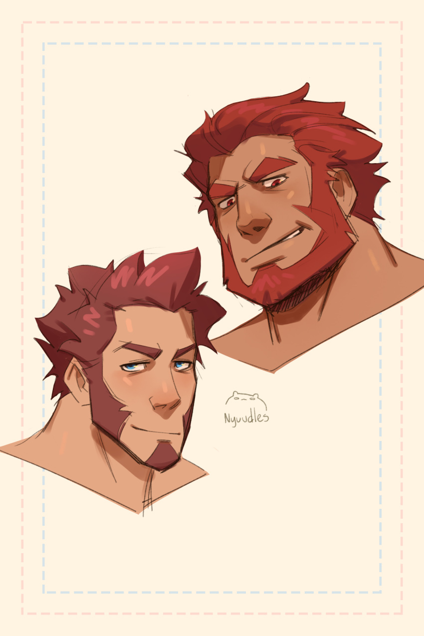 artist_name bara beard blue_eyes blush brown_hair close-up couple facial_hair fate/grand_order fate_(series) goatee highres iskandar_(fate) looking_at_viewer male_focus napoleon_bonaparte_(fate/grand_order) nyuudles shiny shiny_hair shiny_skin sideburns smile smirk upper_body