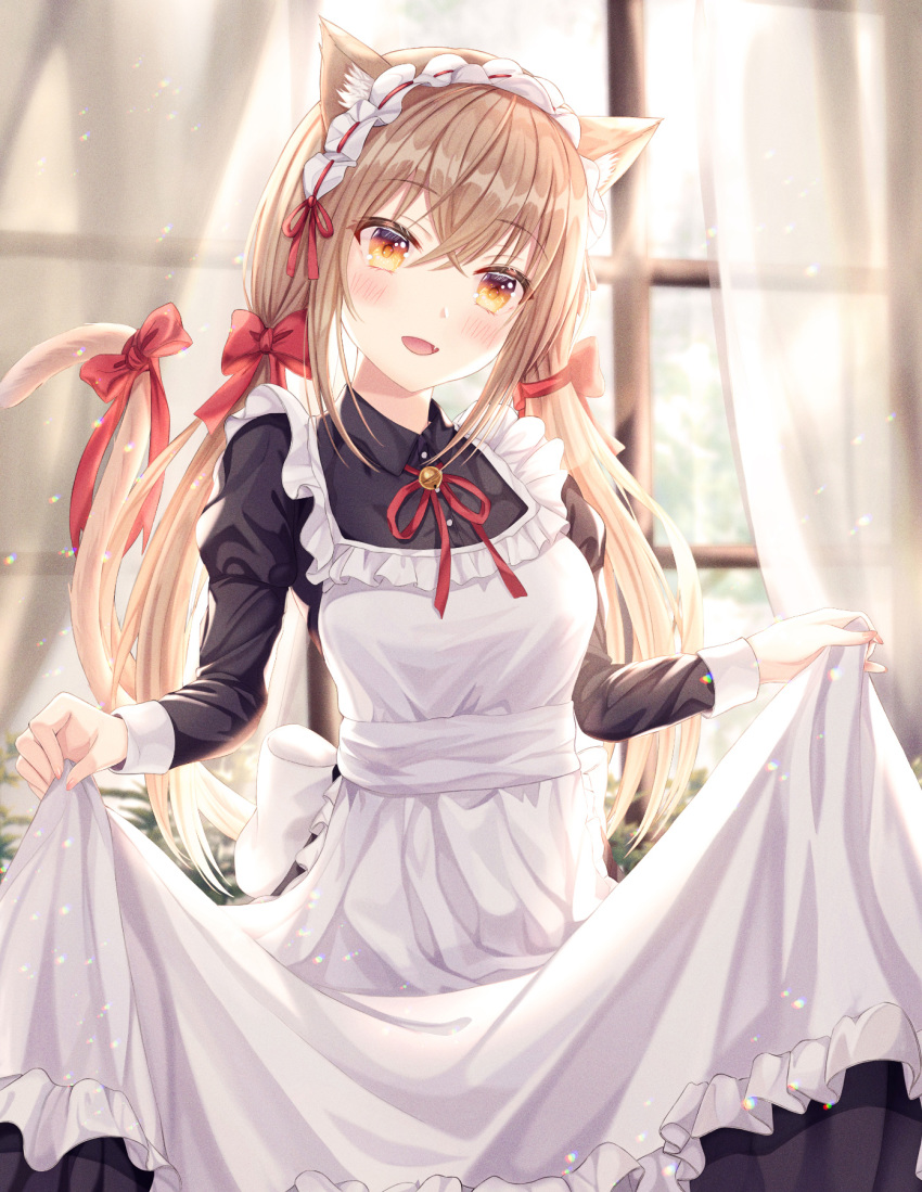 1girl :d animal_ear_fluff animal_ears apron black_dress blurry blurry_background blush bow breasts brown_eyes brown_hair cat_ears cat_girl cat_tail collared_dress commentary_request curtains curtsey depth_of_field dress fang frilled_apron frills funii hair_bow head_tilt highres indoors juliet_sleeves long_hair long_sleeves looking_at_viewer low_twintails maid maid_apron neck_ribbon open_mouth original puffy_sleeves red_bow red_ribbon ribbon skirt_hold small_breasts smile solo tail tail_bow tail_raised transparent twintails very_long_hair white_apron window