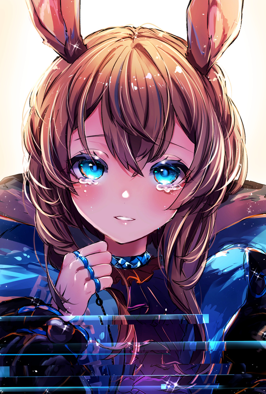 1girl amiya_(arknights) animal_ears arknights bangs beni_ttt black_jacket blue_eyes blue_jacket blush brown_hair commentary_request eyebrows_visible_through_hair hair_between_eyes highres jacket jewelry long_hair long_sleeves looking_at_viewer open_clothes open_jacket parted_lips rabbit_ears ring simple_background smile solo tearing_up teeth white_background