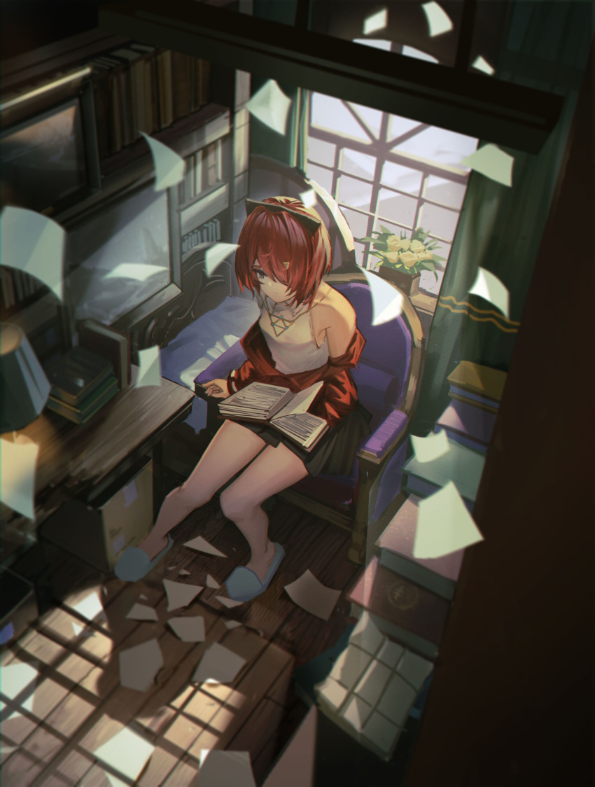 1girl absurdres ange_katrina armpits black_skirt blue_eyes book bookshelf bow box dark desk doren flower from_above hair_bow highres holding holding_book indoors knees_together_feet_apart lamp nijisanji paper picture_frame plant potted_plant reading redhead scenery shadow shirt short_hair sitting skirt sleeveless sleeveless_shirt slippers solo sunlight virtual_youtuber window wooden_floor