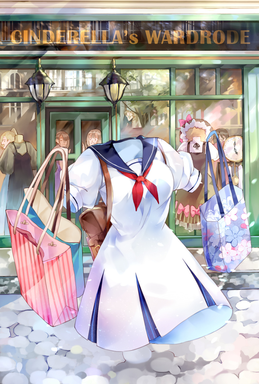 5girls amicis_(amisic) bag boku_no_hero_academia clock dress english_commentary hagakure_tooru highres holding holding_bag invisible mannequin multiple_girls neckerchief red_neckwear sailor_collar sailor_dress shopping shopping_bag solo_focus white_dress window