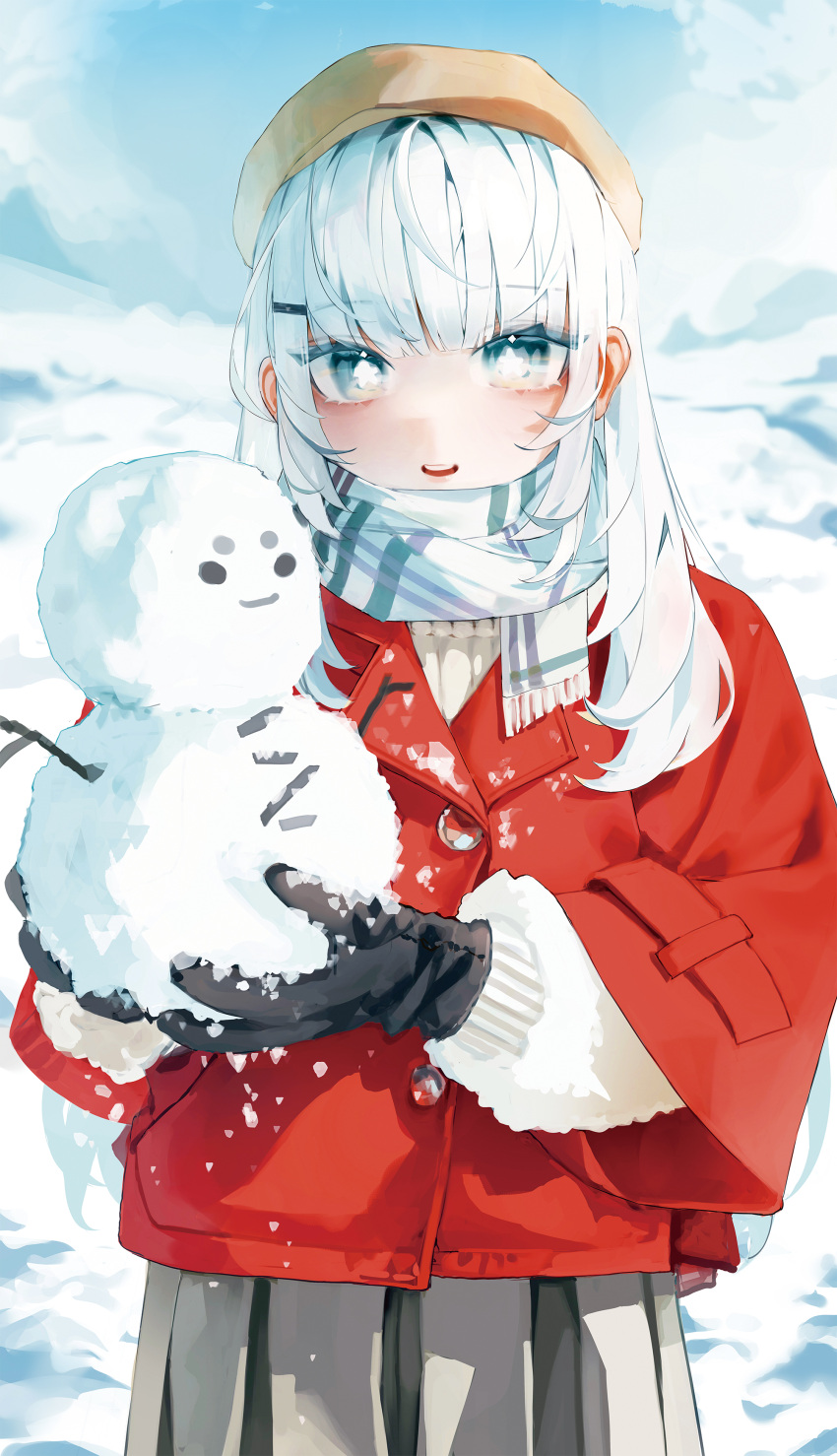 1girl absurdres black_gloves blue_sky blush commentary_request day gloves grey_skirt hair_ornament hairclip hat highres holding_snowman jacket korean_commentary long_hair looking_at_viewer open_mouth original outdoors red_jacket scarf skirt sky smile snow snowman solo sweater white_eyes white_hair white_scarf white_sweater winter winter_clothes yonchan