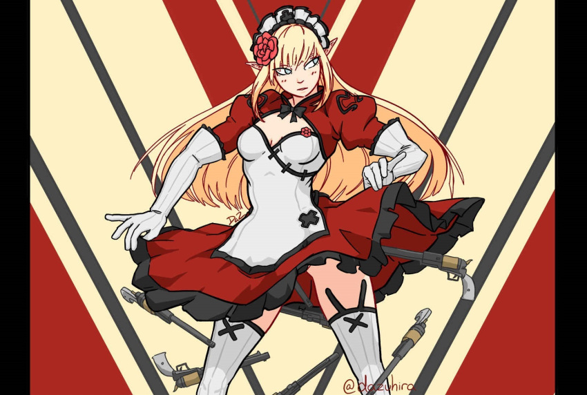 1girl blonde_hair blue_eyes breasts character_request dazuhira elbow_gloves garter_straps gloves gun handgun long_hair magical_girl mahou_arms medium_breasts pointy_ears revolver skirt skirt_lift solo thigh-highs thighs twitter_username weapon white_gloves white_legwear