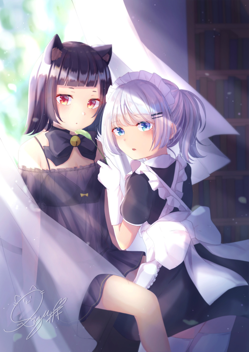 2girls absurdres animal_ears bell black_bow black_dress black_hair blue_eyes book bookshelf bow cat_ears curtains dress gloves hair_ornament hairclip highres indoors jingle_bell looking_at_viewer maid multiple_girls original ponytail red_eyes reeds short_ponytail signature sitting szsk_t_s white_bow white_gloves white_hair window yuri