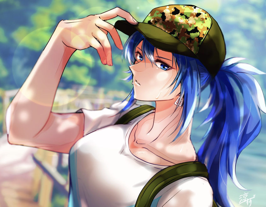 1girl bangs blue_eyes blue_hair camouflage casual earrings hat highres jewelry leona_heidern looking_at_viewer pfppe serious shirt snk soldier solo sweat t-shirt the_king_of_fighters tree white_shirt