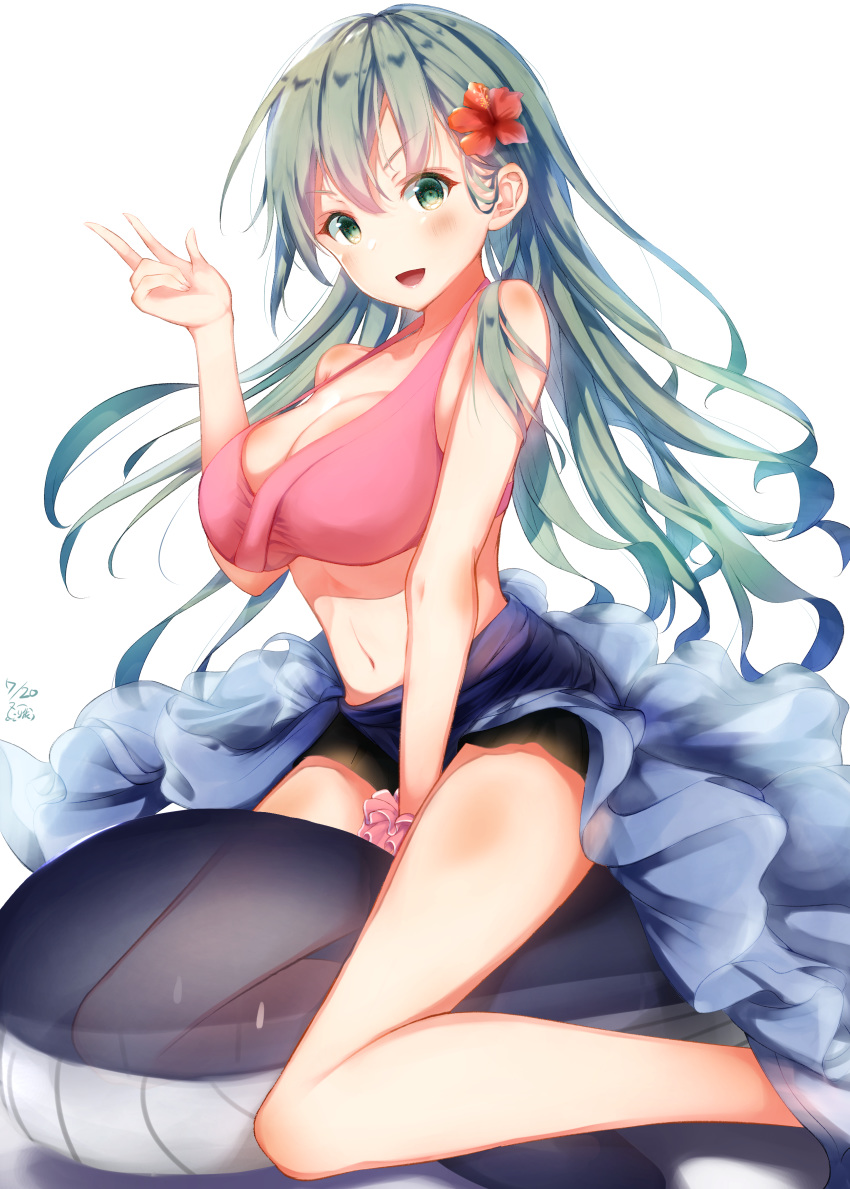 1girl absurdres bikini blue_sarong blush breasts dated eyebrows_visible_through_hair flower green_eyes green_hair hair_between_eyes hair_flower hair_ornament highres kantai_collection large_breasts long_hair navel open_mouth pink_bikini red_flower sarong shanghmely signature simple_background smile solo suzuya_(kantai_collection) swimsuit v v-shaped_eyebrows white_background