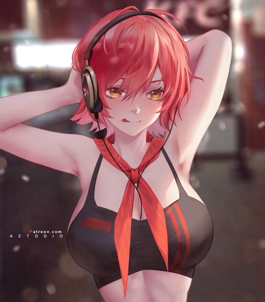 1girl :p arknights armpits arms_behind_head arms_up artist_name azto_dio backlighting bangs between_breasts blurry blurry_background blush breasts cable closed_mouth depth_of_field exusiai_(arknights) hair_between_eyes headphones highres indoors large_breasts looking_at_viewer orange_eyes patreon_username redhead short_sleeves smile solo tongue tongue_out upper_body
