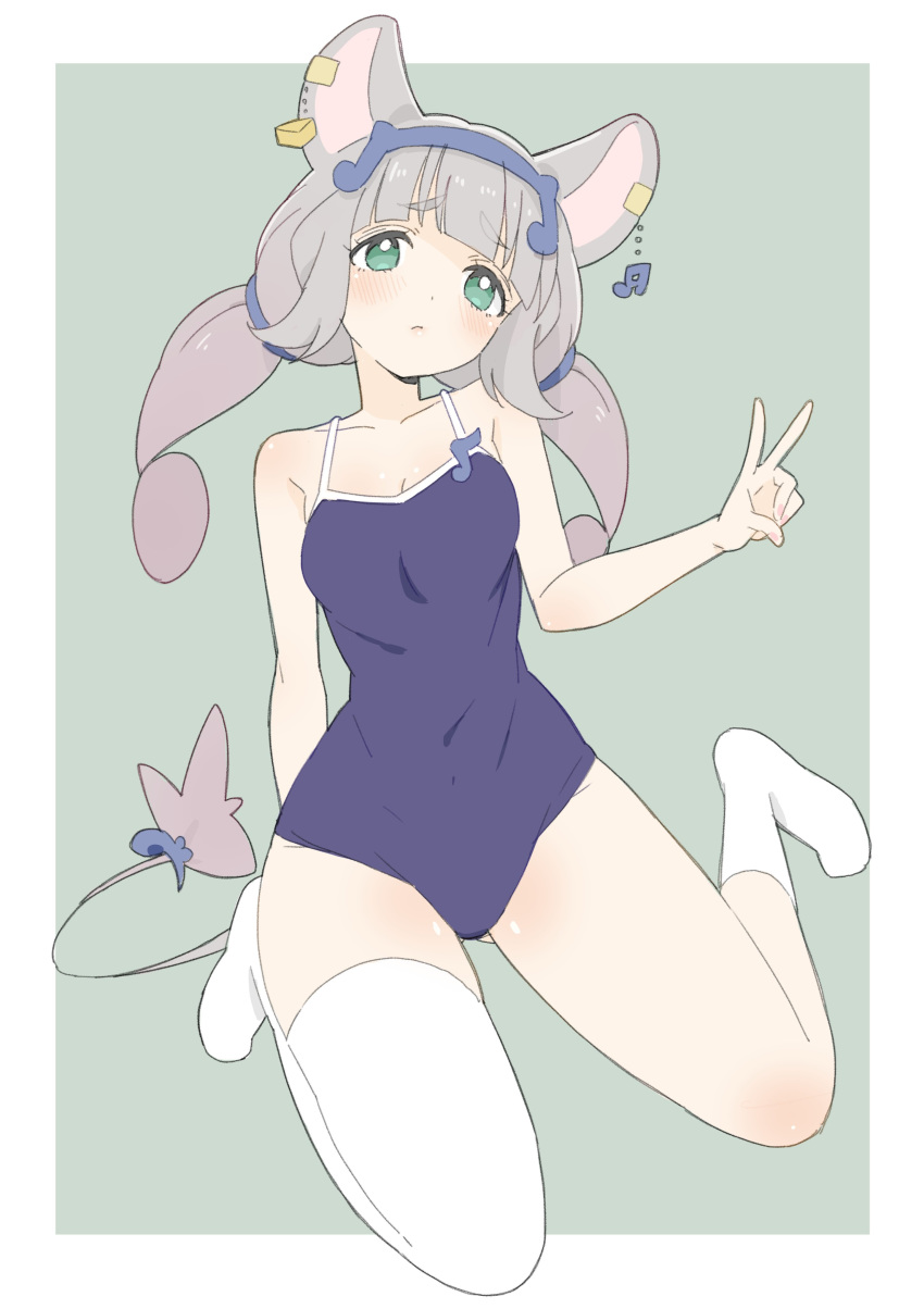 1girl absurdres animal_ears blush bright_pupils closed_mouth donguri_suzume full_body gradient_hair green_background green_eyes grey_hair hand_up hatsuka_chiyu hatsuka_chiyu_channel highres looking_at_viewer mouse_ears mouse_tail multicolored_hair musical_note_earrings purple_swimsuit school_swimsuit simple_background single_sock single_thighhigh sitting socks solo swimsuit tail thigh-highs twintails v virtual_youtuber wariza white_legwear white_pupils