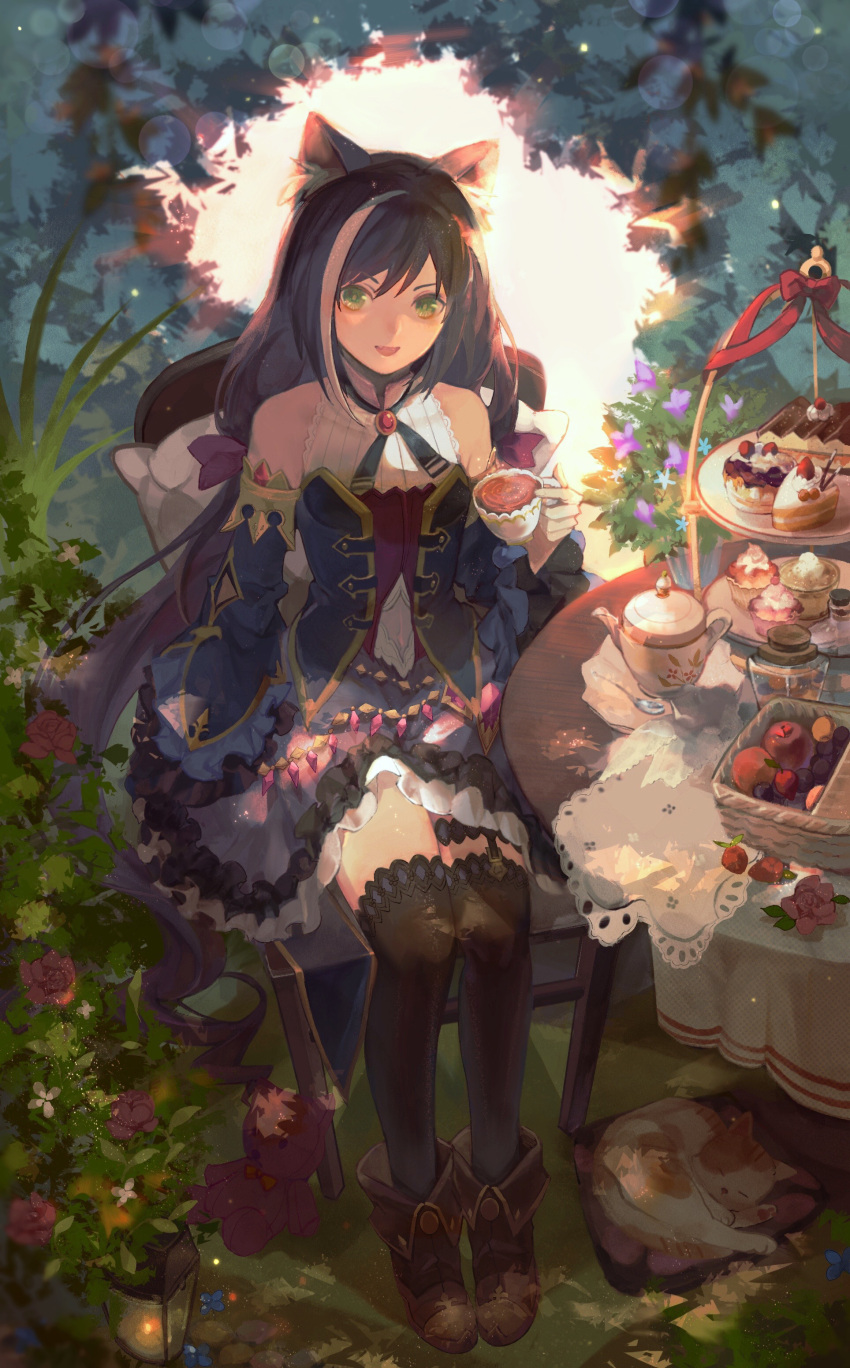 1girl :d absurdres animal_ear_fluff animal_ears backlighting bangs black_hair black_legwear black_ribbon blue_sleeves blurry blurry_foreground brown_footwear cat_ears cat_girl cup detached_sleeves full_body green_eyes highres holding holding_cup karyl_(princess_connect!) lantern layered_skirt lens_flare long_hair long_sleeves looking_at_viewer miniskirt multicolored_hair neck_ribbon outdoors princess_connect! purple_skirt ribbon sitting skirt smile solo streaked_hair tharsis_(392724022) thigh-highs very_long_hair